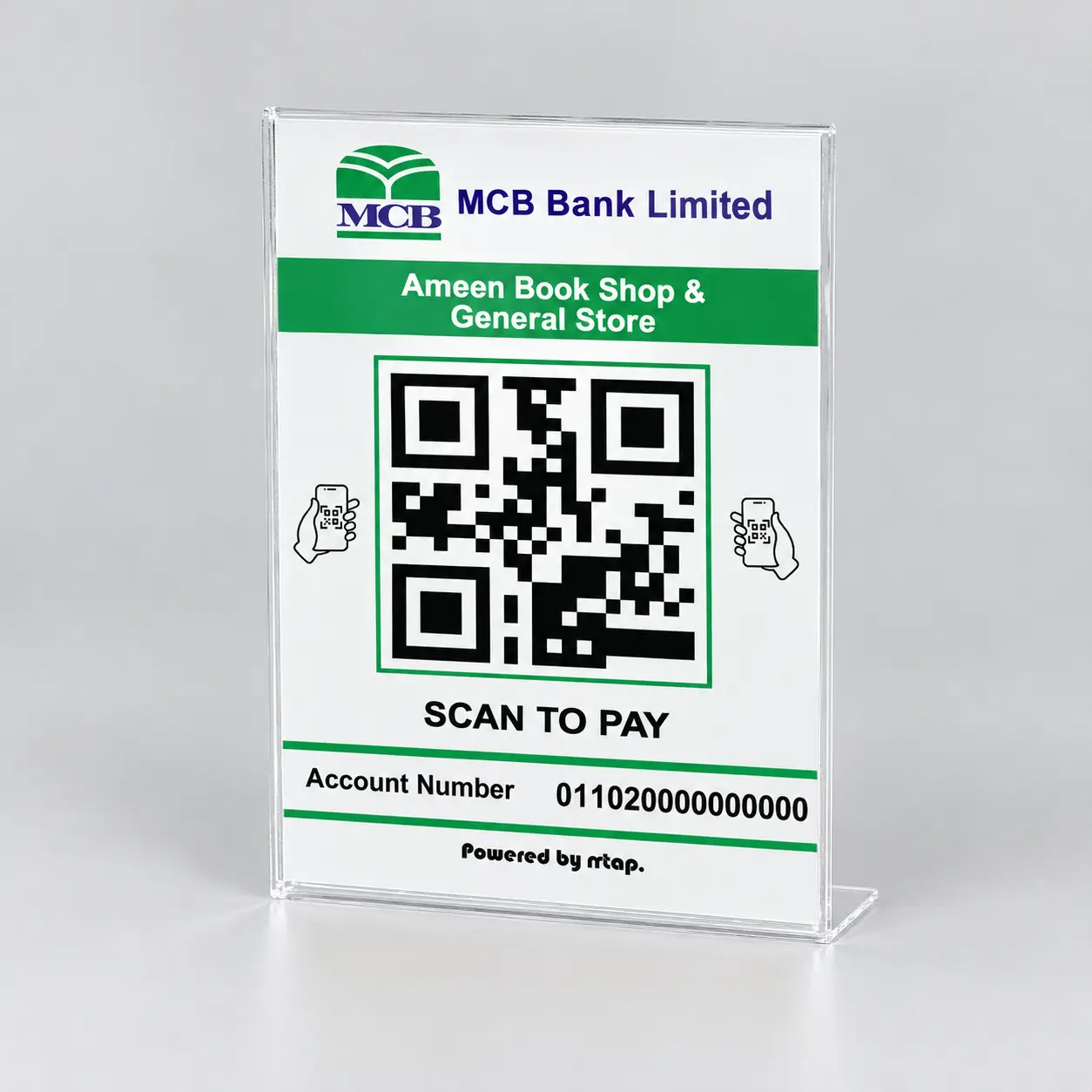 Classic white bank QR code payment standee on 3mm clear acrylic with bank colour bars