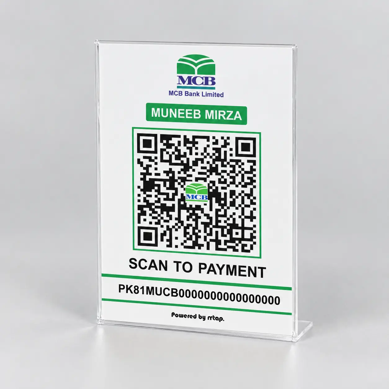 Bold bank QR code payment standee with full bank colour background on clear acrylic