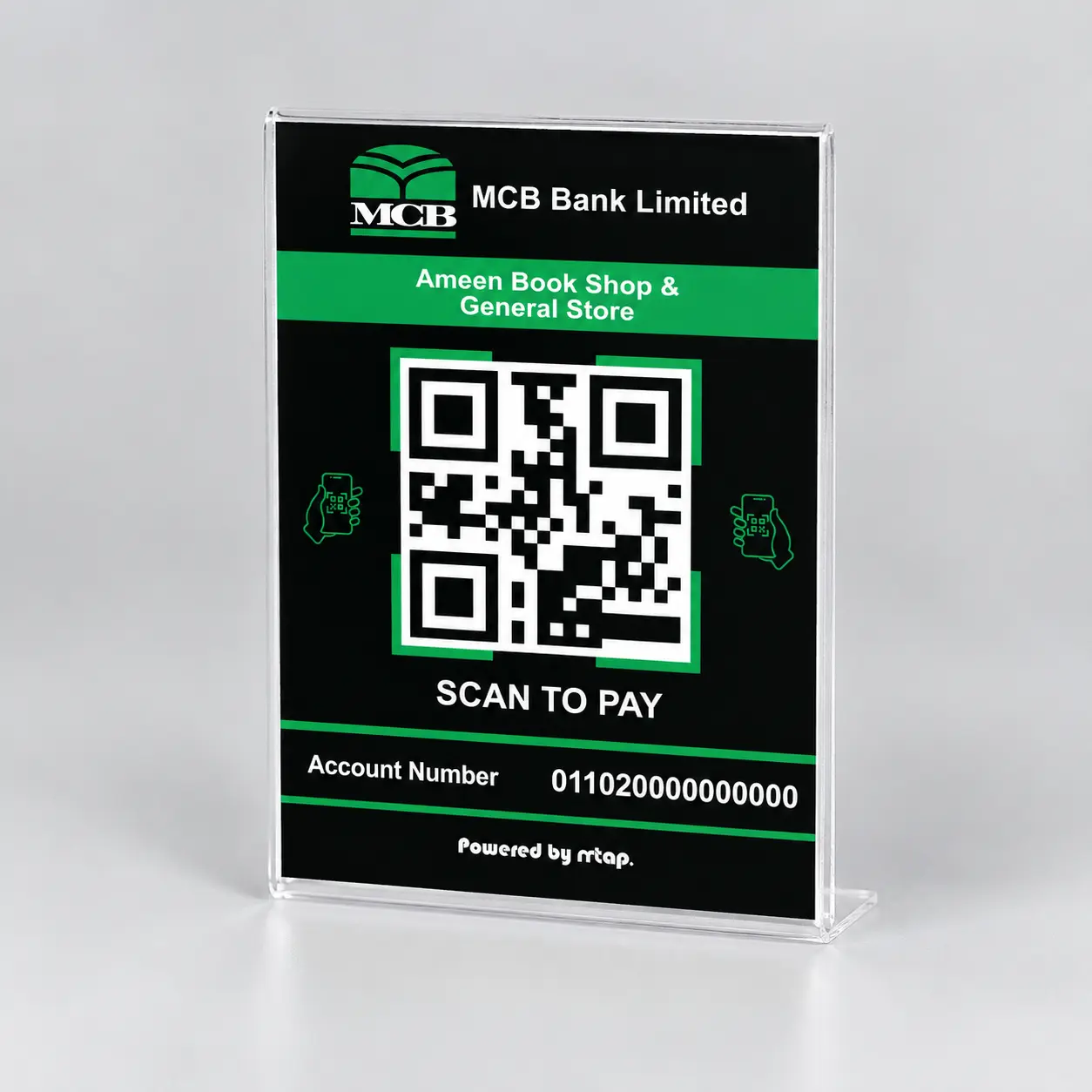 Black bank QR code payment standee with white QR box on 3mm clear acrylic