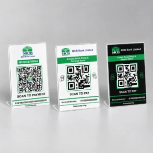 Bank QR code payment standees in three designs: classic white, bold colour and black