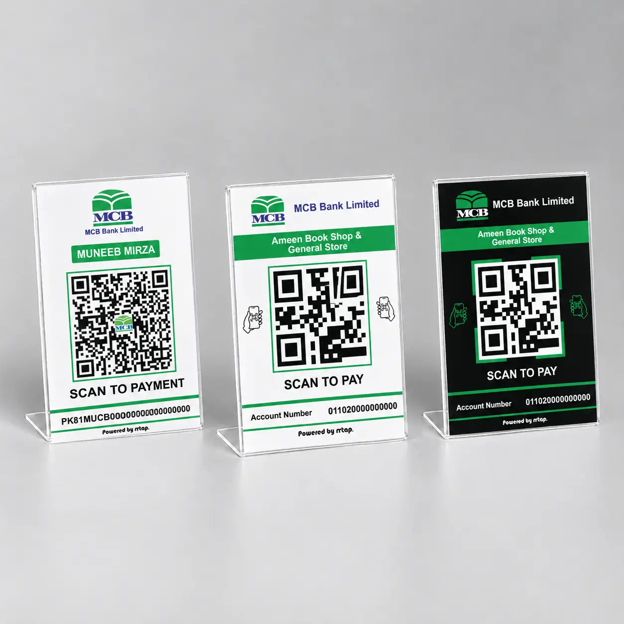 Bank QR code payment standees in three designs: classic white, bold colour and black
