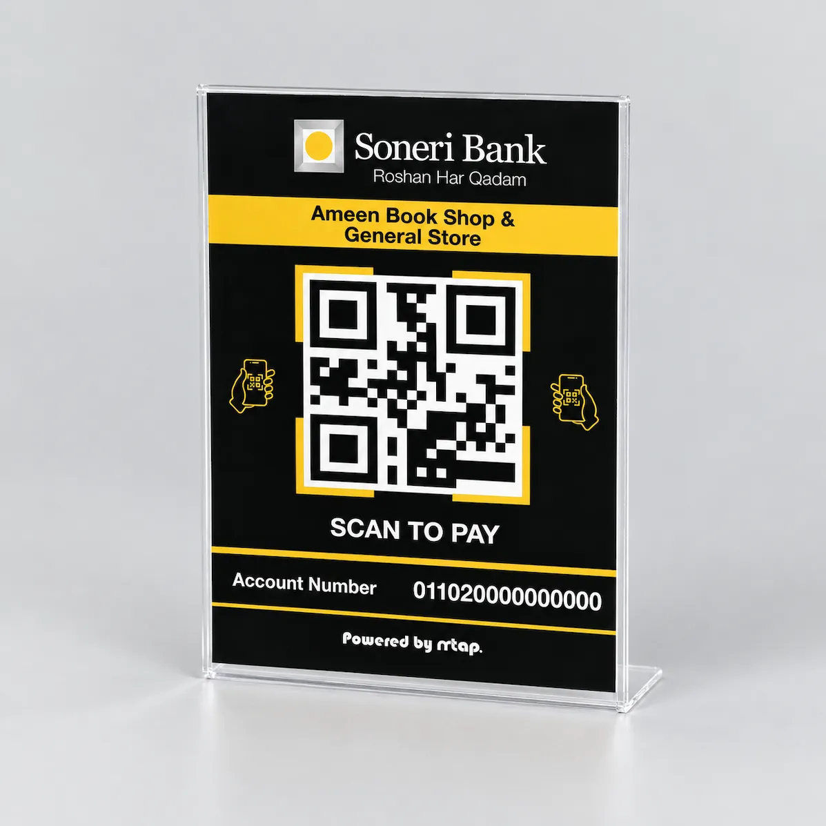 Black bank QR code payment standee with white QR box on 3mm clear acrylic