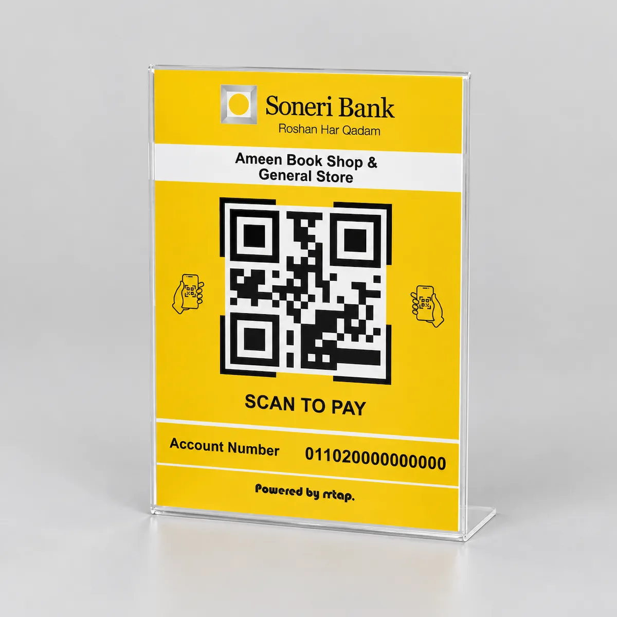 Bold bank QR code payment standee with full bank colour background on clear acrylic