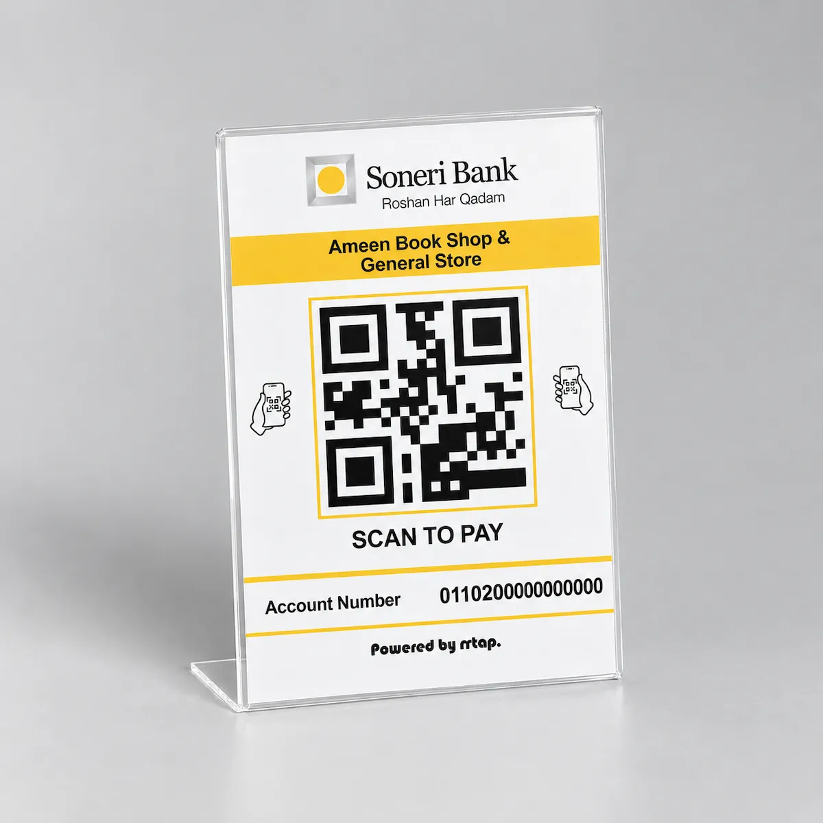 Classic white bank QR code payment standee on 3mm clear acrylic with bank colour bars